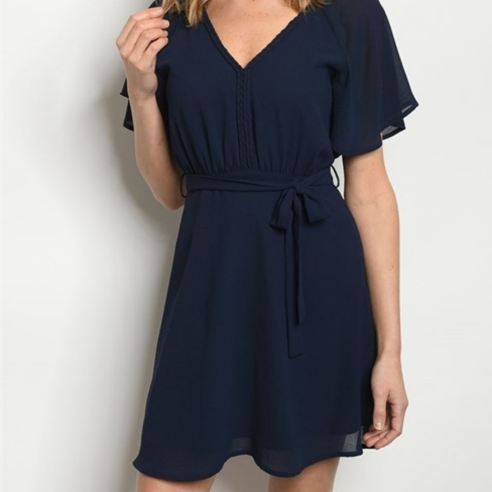 Navy blue braided neckline flowing dress